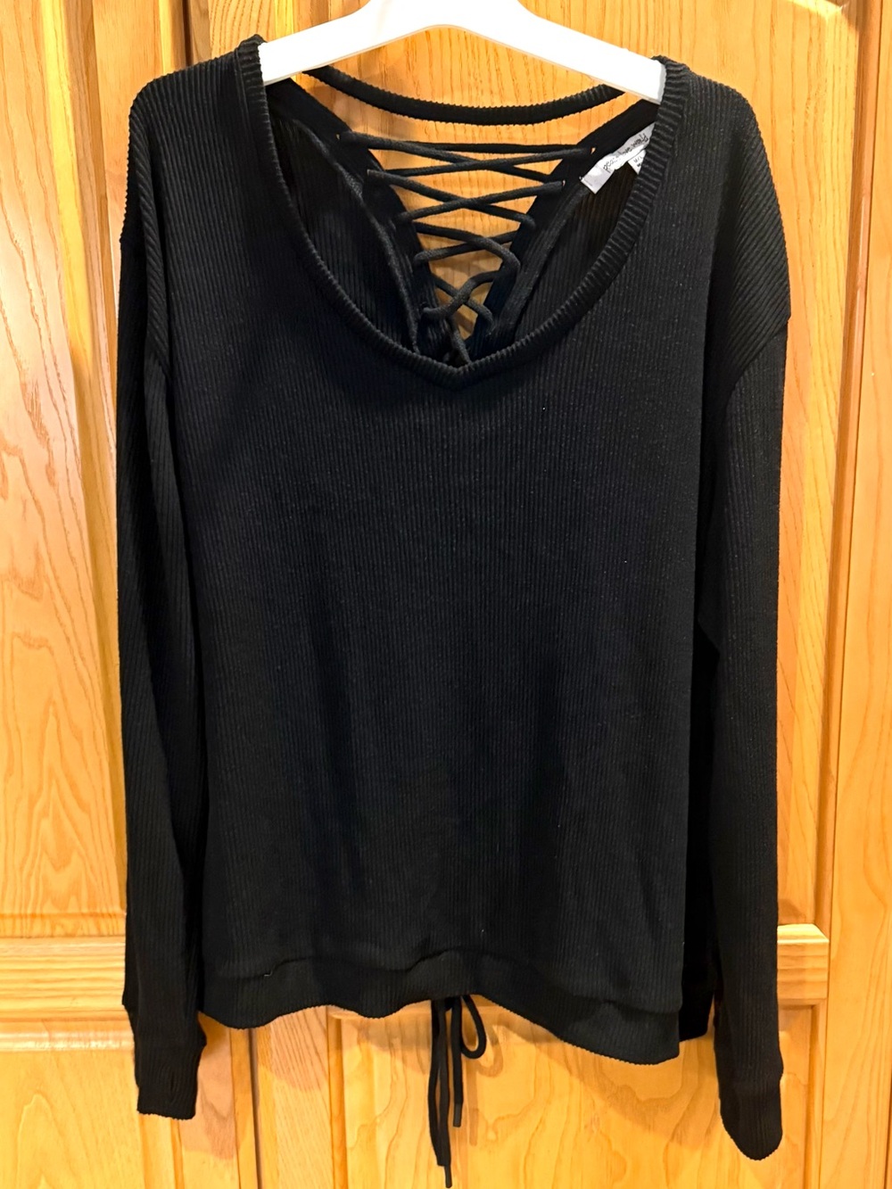 Peace Love World Women’s Black Ribbed Sweater With Lace Up Back Size M/L